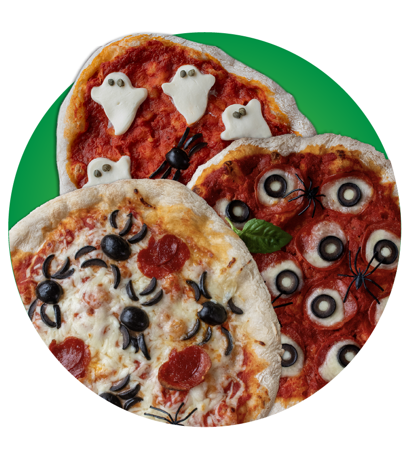 3 pizzas that are halloween themed