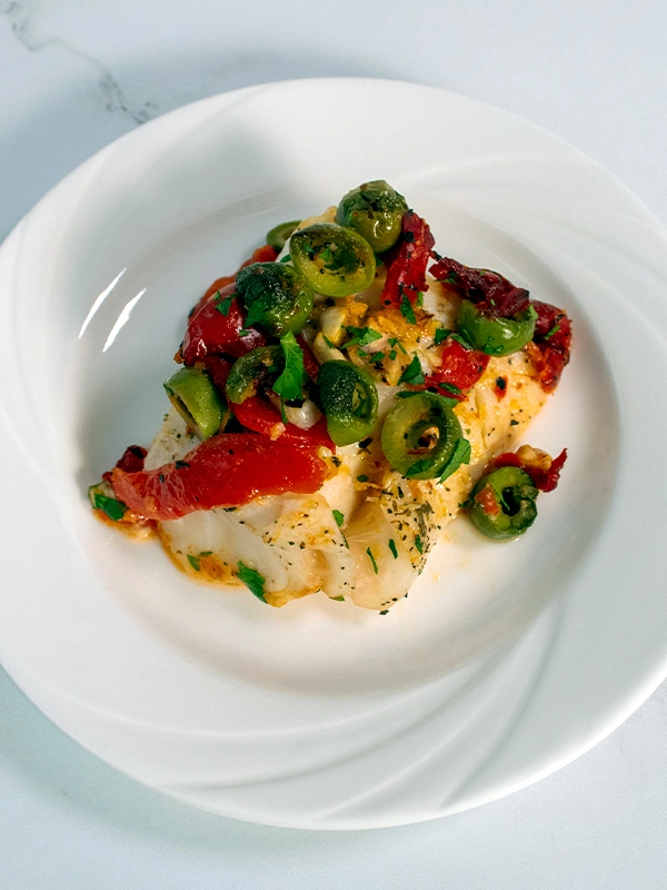 COD BAKE WITH ROASTED RED PEPPERS & OLIVES