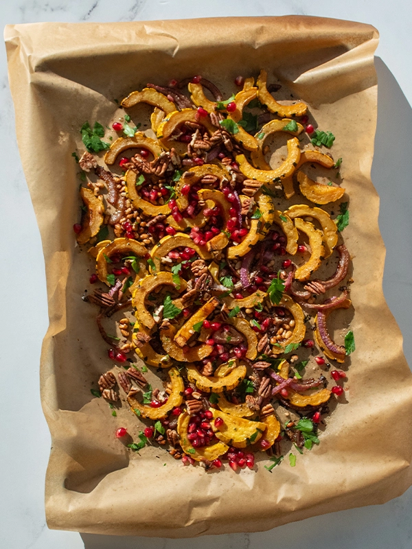 Roasted Delicata Squash with Pine Nuts & Pomegranate