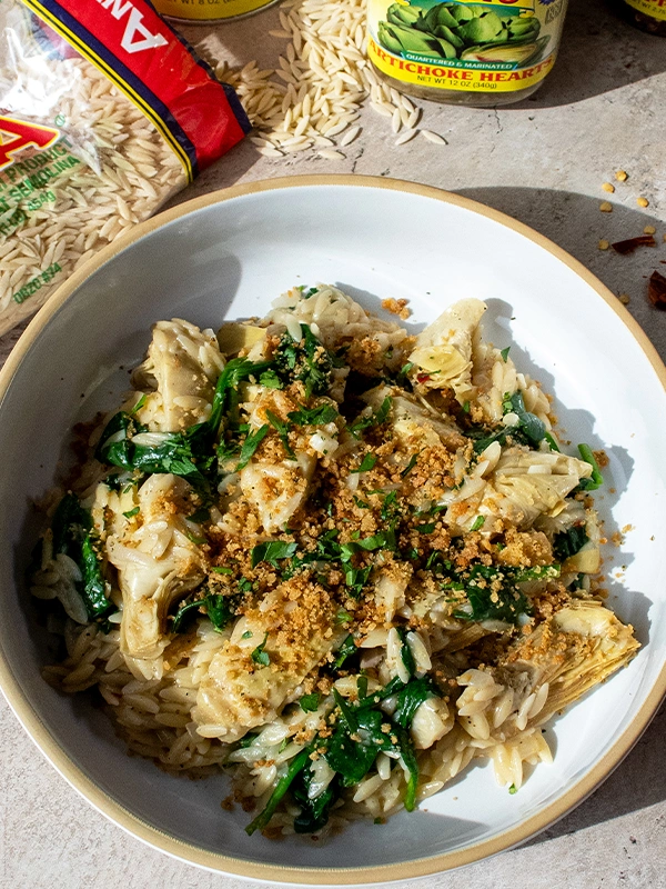 Spinach Artichoke Orzo with Breadcrumbs