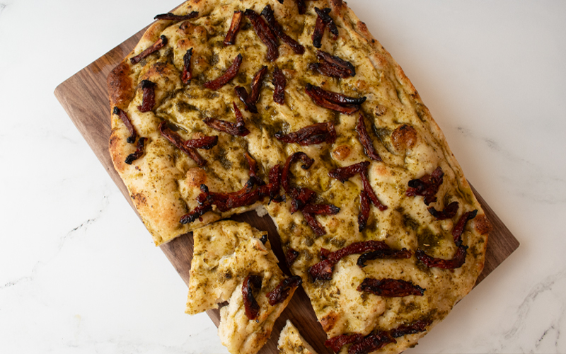 Pesto Focaccia with Sun Dried Tomatoes