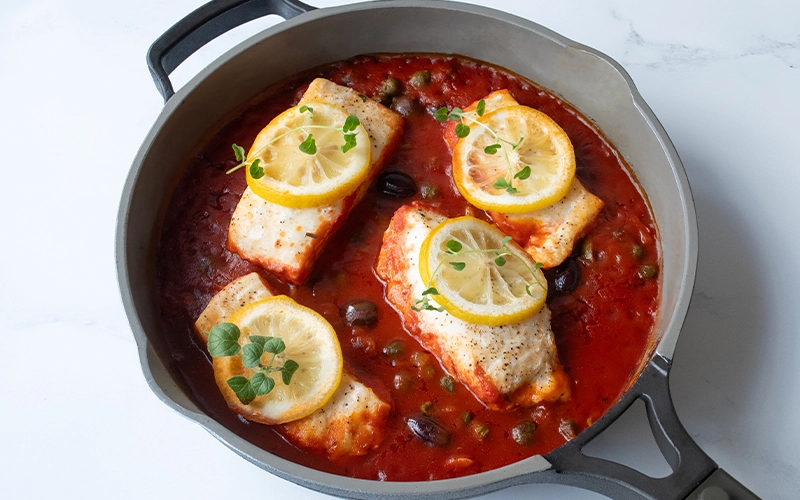 One Pan Halibut Puttanesca